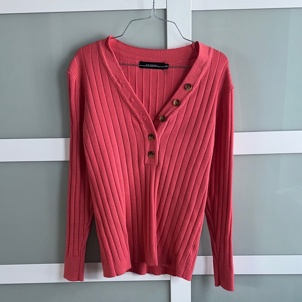 Fashion Pink Ribbed Button-Down Top